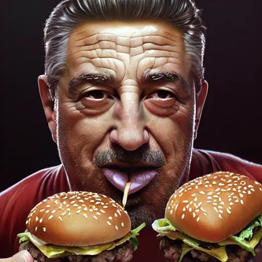 Prompt: portrait of Swol Gigachad Robert Deniro eating hamburgers, extra onions and ketchup, luscious patty with sesame seeds, feminine ethereal, handsome, D&D, fantasy, intricate, elegant, highly detailed, digital painting, artstation, concept art, matte, sharp focus, illustration, art by Artgerm and Greg Rutkowski and Alphonse Mucha