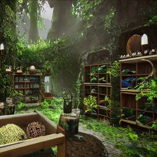 Image similar to beautiful alchemical potion shop in a lush forest, 4k realistic, cryengine