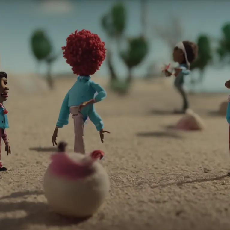 Image similar to a cinematic film still of a claymation stop motion film hey ya! music video outkast, shallow depth of field, 8 0 mm, f 1. 8