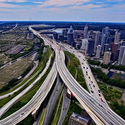 Prompt: drone shot of i90 highway in chicago