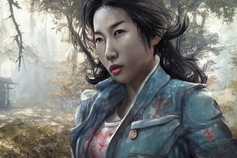 Prompt: fallout 5, charismatic beautiful rugged asian female protagonist, portrait, outdoors in forest, tori gate and shinto shrine in the background, atmospheric lighting, painted, intricate, volumetric lighting, daytime, winter, clear weather, sharp focus, ultra detailed, art by william turner