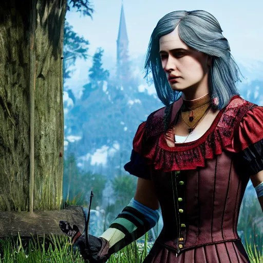 Image similar to a young edwardian woman in the video game Witcher 3