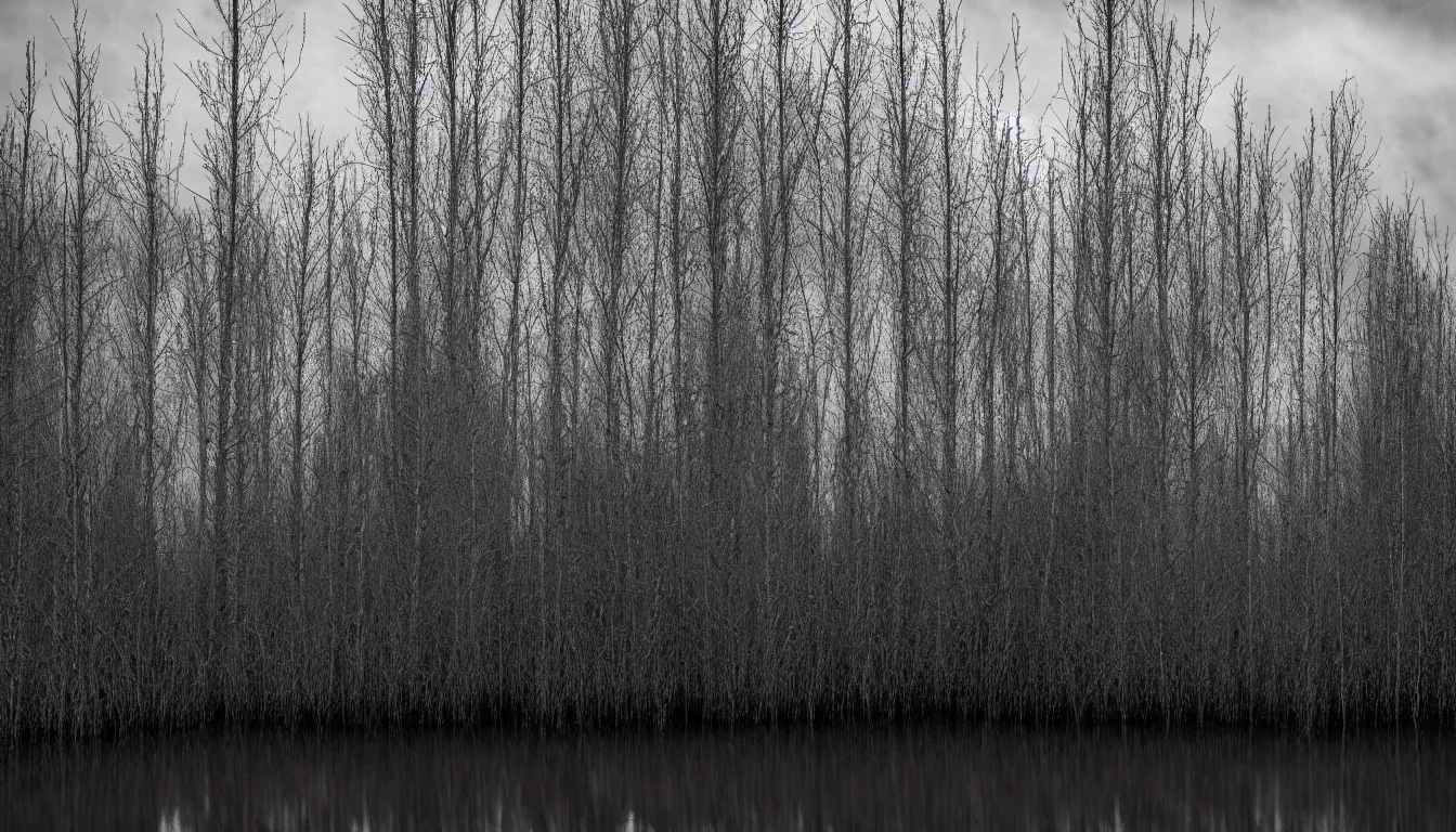 Prompt: old abandoned wind mill in the middle of grassy flooded swamp, tiny birch trees on fire, dark, atmospheric, scary, claustrophobic, ambient vibe, very detailed, black and white, 4 k