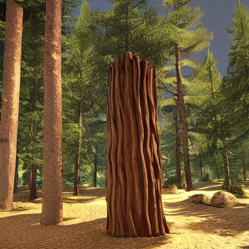 Image similar to A portal made out of twisted wood in the middle of a pine forest. The portal leads to a quiet, sandy beach. Unreal engine, photorealistic.