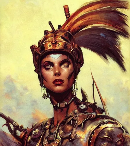 Image similar to mighty princess of the wasteland, scrap metal headdress, strong line, deep color, cloudy sky, beautiful! coherent! by brom, by frank frazetta, low angle