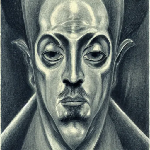 Image similar to Close-up of the angry man, pencil drawing. El Greco, Remedios Varo, Salvador Dali, Carl Gustav Carus, John Atkinson Grimshaw. Blue tint. Symetrical, logo, geometric shapes.