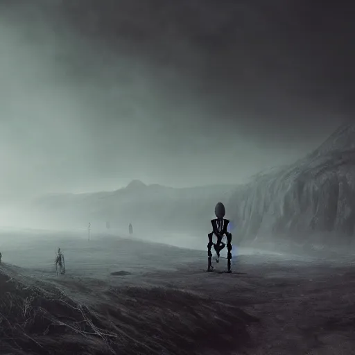 Prompt: a giant skeleton walks the earth, dark landscape, fog, matte painting, trending on artstation