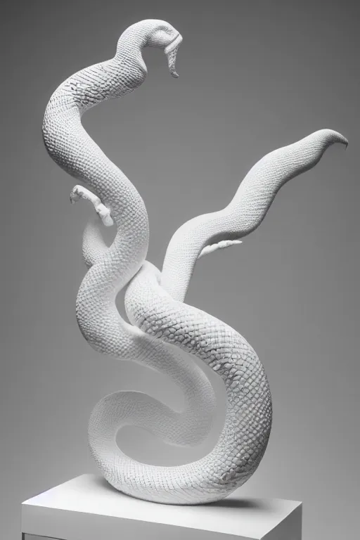 Image similar to porcelain snake sculpture by daniel arsham, smooth, all white features on a white background, delicate feature's