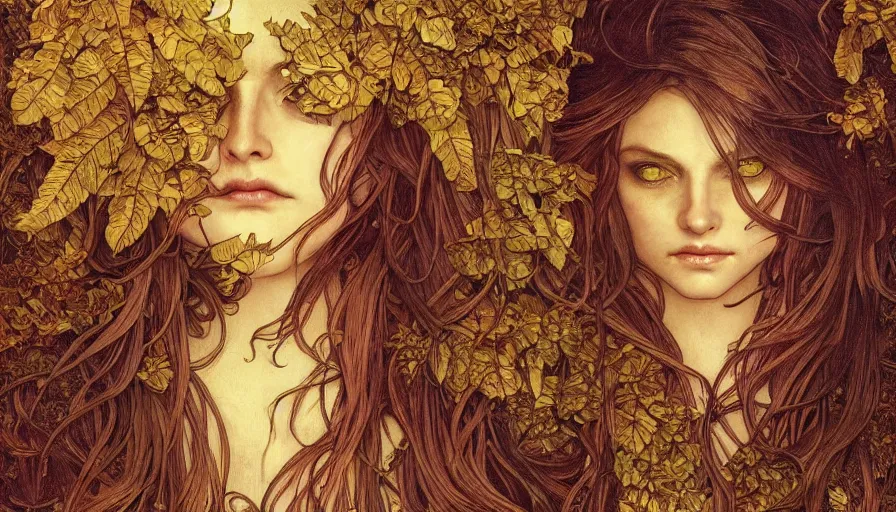 Image similar to golden leaves at frame border, creative!!! composition for a book cover!!!, absurdly beautiful, ultrafine hyperrealistic detailed old!! witch face by wlop and alphonse mucha and greg rutkowski, intricate linework, sharp focus, smooth, octopath traveler, final fantasy, unreal engine, dramatic lighting, ethereal, 8 k