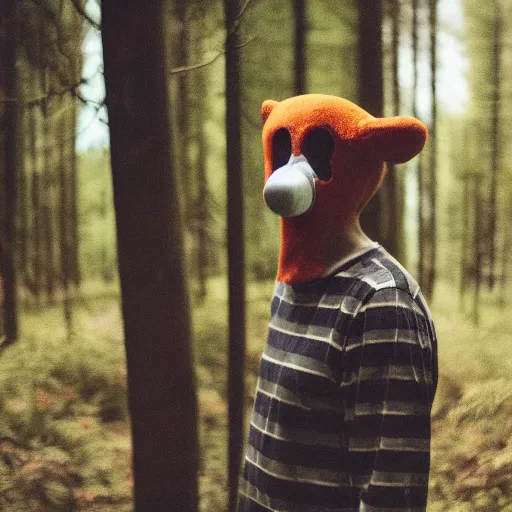 Prompt: a high definition film photograph of a creepy man standing in a dense forest wearing a clean t - shirt and a retro vintage creepy animal mask, hipster cinematic colors, trending on instagram, photography, sigma 8 5 mm f / 1. 4