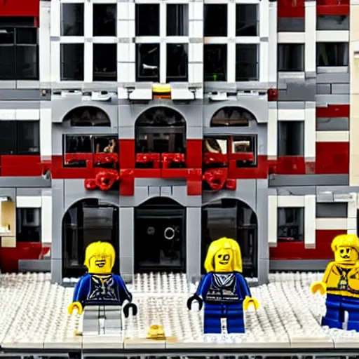 Image similar to Box art for a LEGO set of a gang confrontation in the streets