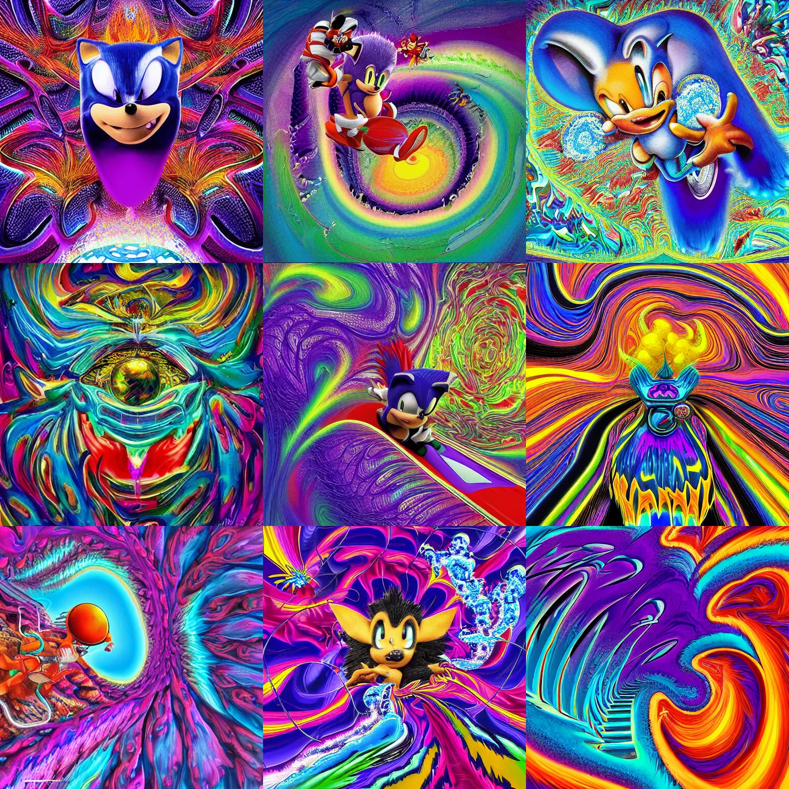Prompt: surreal, fractal, detailed professional, high quality portrait sonic airbrush art MGMT album cover portrait of a liquid dissolving LSD DMT sonic the hedgehog surfing through cyberspace, purple checkerboard background, 1990s 1992 Sega Genesis video game album cover