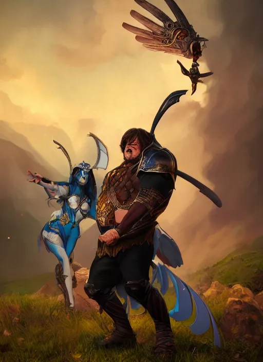 Prompt: A fantasy comic book style portrait painting of jack black, Joey King as a Mystical Valkyrie, unreal 5, DAZ, hyperrealistic, octane render, RPG portrait, dynamic lighting