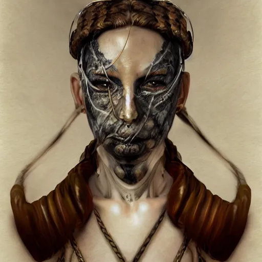 Image similar to portrait of a Shibari rope wrapped face and neck, headshot, insanely nice professional hair style, dramatic hair color, digital painting, of a old 15th century, old cyborg merchant, amber jewels, baroque, ornate clothing, scifi, realistic, hyperdetailed, chiaroscuro, concept art, art by Franz Hals and Jon Foster and Ayami Kojima and Amano and Karol Bak,