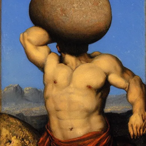 Image similar to a painting of benjamin netanyahu as sisyphus, carrying large boulder on shoulders, large mountain, by franz stuck