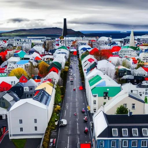 Image similar to standing at the top of hallgrimskirkja, looking out over reykjavik, colorful rooftops and city roads below, mountains in the distance