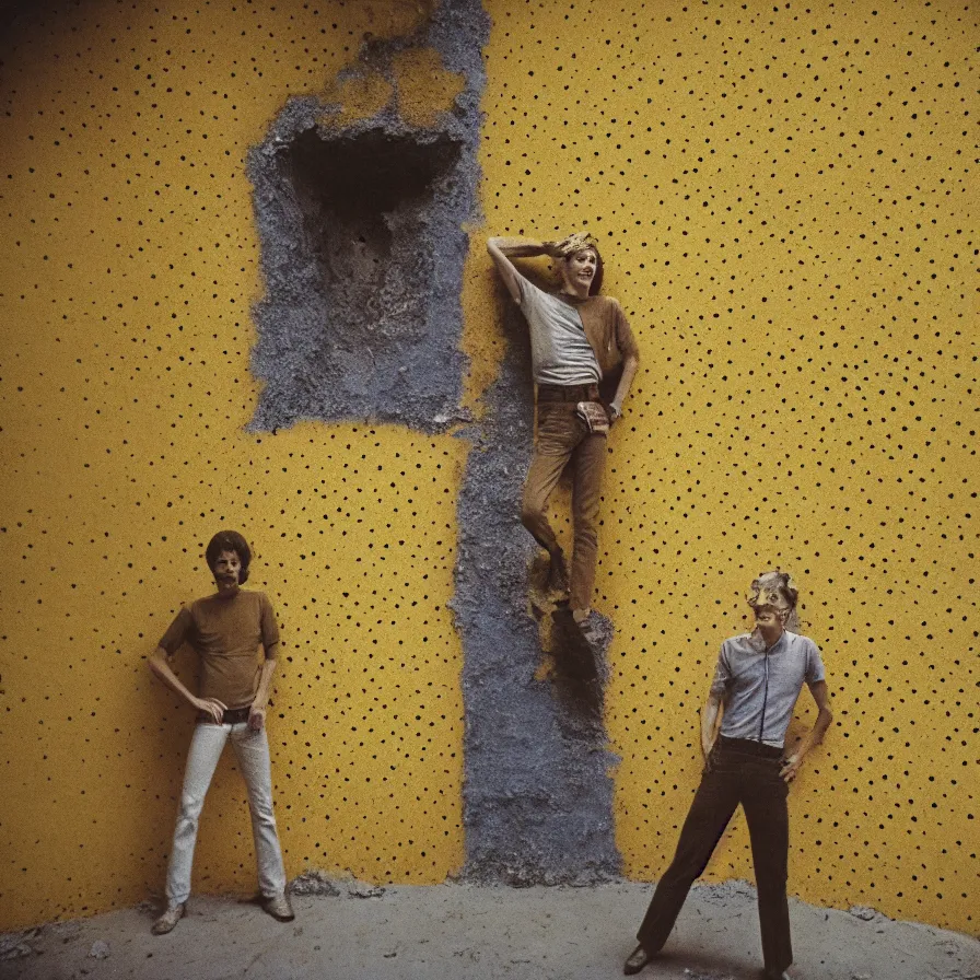 Image similar to 7 0 s movie still of a trypophobia skinny man with trypophobia in a yellow wall soviet tunnel, cinestill 8 0 0 t 3 5 mm eastmancolor, heavy grain, high quality, high detail