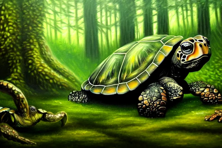 Image similar to highly detailed oil painting of a mossy turtle monster in the forest, featured on pixiv