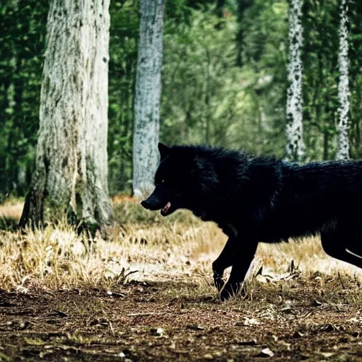 Prompt: Black, big wolf, chasing a man in dark forest, realistic photo