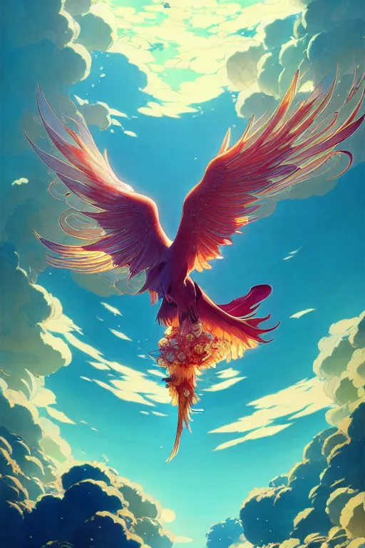 Image similar to victo ngai and lfons mucha painting of a phoenix in the sky, chinese style ， makoto shinkai ， final fantasy, unreal engine 5 highly rendered, global illumination, radiant light, detailed and intricate environment