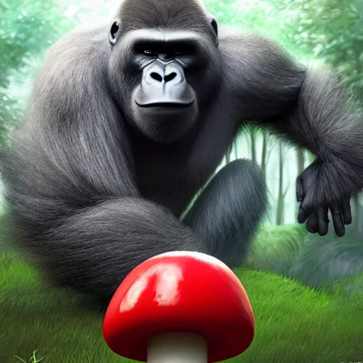 Image similar to a wholesome animation key shot of a gorilla holding a very small red mushroom, chilled out smirk on face, studio ghibli, pixar and disney animation, sharp, rendered in unreal engine 5, anime key art by greg rutkowski, bloom, dramatic lighting