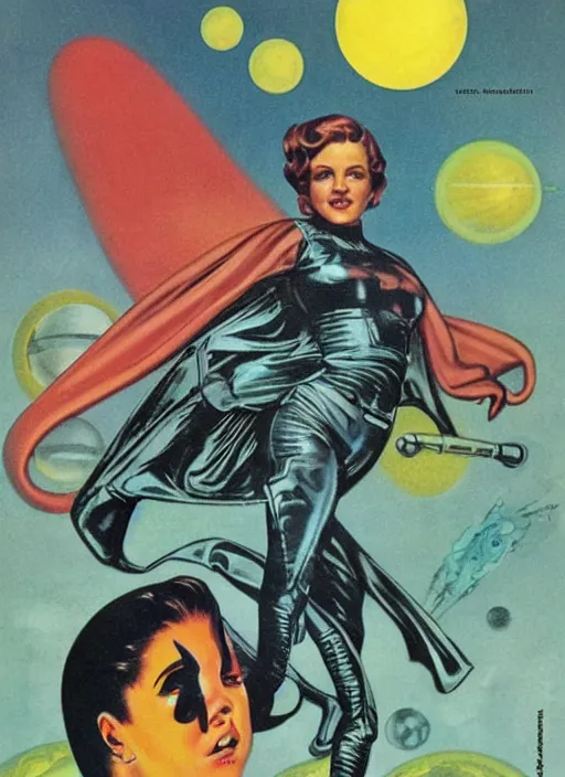 Prompt: Young Drew Barrymore as a badass space wizard from Logan's Run, retro science fiction cover by Kelly Freas (1965), vintage 1960 print, vivid, detailed