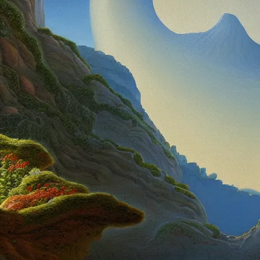 Image similar to painting of a lush natural scene on an alien planet by gerardo dottori. extremely detailed. futurism. beautiful landscape. weird vegetation. cliffs and water.