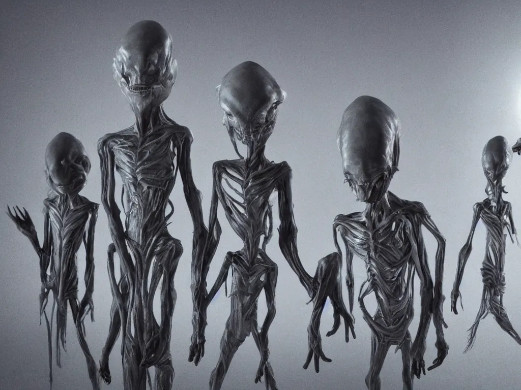 Image similar to !three! sinister grey aliens standing around my bed at night, moonlit bedroom, vivid and detailed, photorealistic