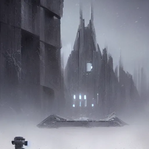 Image similar to star wars concept art by greg rutkowski, a brutalist - looking and imposing temple in the middle of a snowy, dark and hostile landscape, strong blizzards, poor lighting, evil atmosphere, artstation hq.