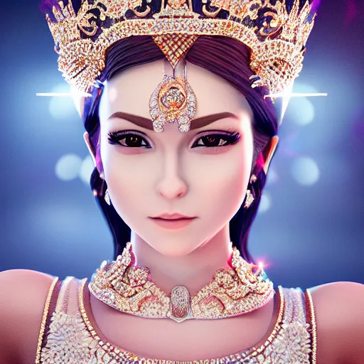 Image similar to portrait of wonderful princess of diamond with fair skin, ornate with diamonds, 8 k, gorgeous, intricate, detailed, glowing white accent lighting, dramatic lighting, octane render