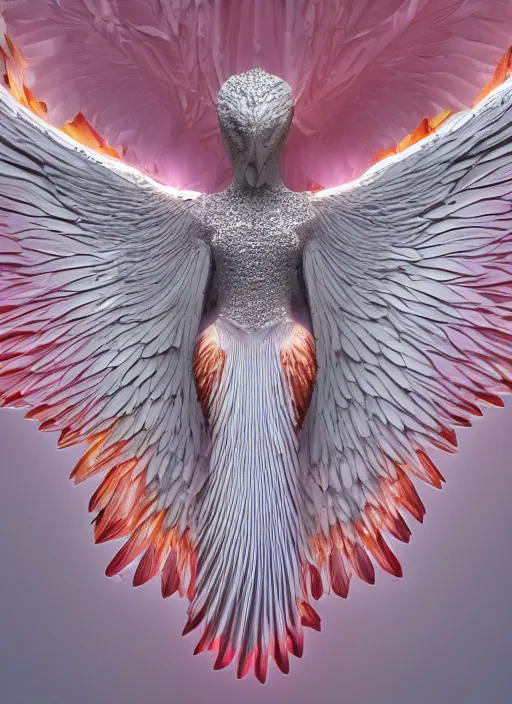 Prompt: white phoenix orange pink salt crystals sharp detail 3d spread crystal wings render simple background graphic design fai khadra gaika style