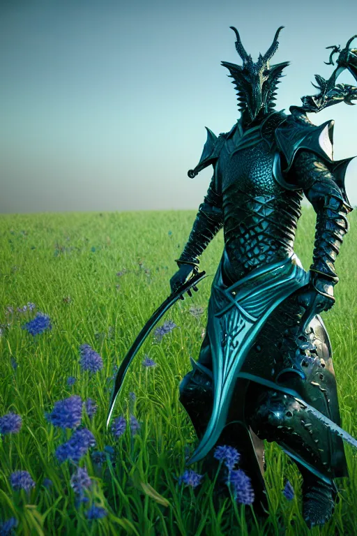 Prompt: high quality 3 d neo - gothic armored human dragon hybrid holding sword in a field of flowers, highly detailed unreal engine, vitaly bulgarov dramatic dark teal light, ground angle uhd 8 k, sharp focus