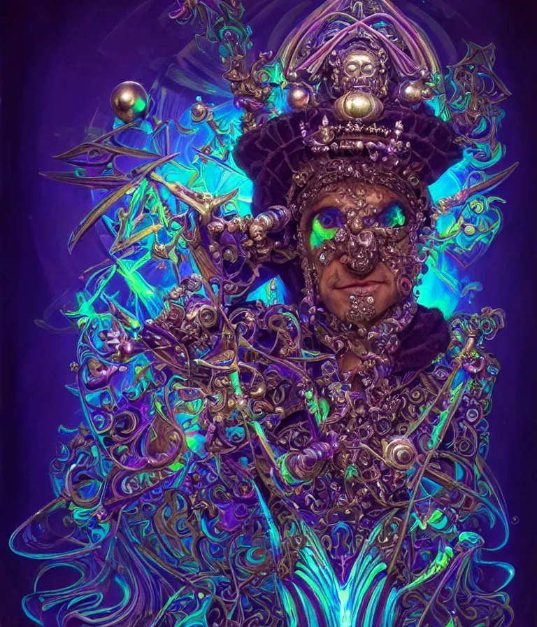 Prompt: front shot of a court jester character, hyperdimensional, bioluminescent hypercubes, dark holography!!!, sunset psychedelic, chrome, (((intricate))), elegant, highly detailed, centered, (((artstation, concept art, smooth, sharp focus, artgerm, Tomasz Alen Kopera, Peter Mohrbacher, donato giancola, Joseph Christian Leyendecker, WLOP, Boris Vallejo))), mugshot!!!!!, ugly!!!!!!, octane render, nvidia raytracing demo, octane render, nvidia raytracing demo, octane render, nvidia raytracing demo, grainy, muted, 8K, digitalblasphemy, metatron