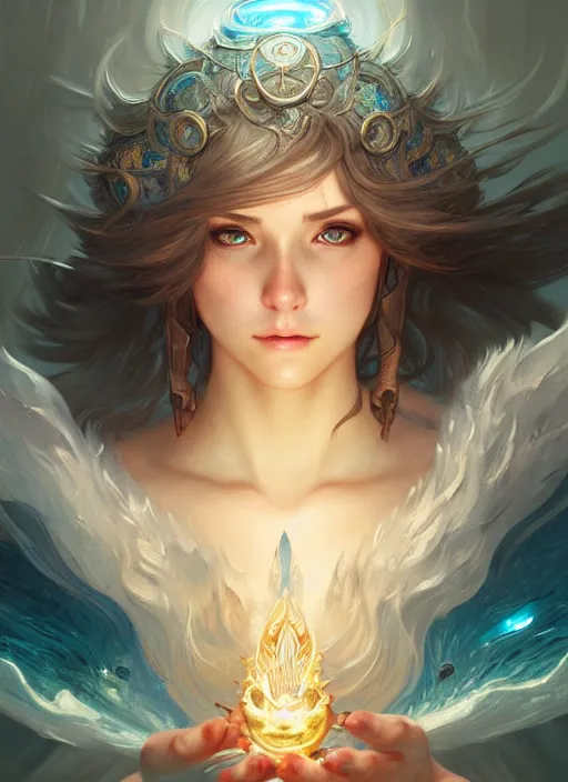 Image similar to summoner with a cute water elemental, fantasy, intricate, elegant, highly detailed, digital painting, artstation, concept art, wallpaper, smooth, sharp focus, illustration, art by artgerm and greg rutkowski and alphonse mucha