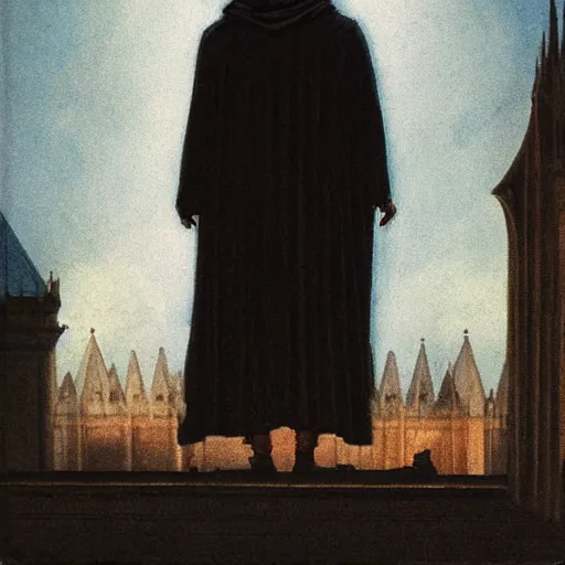 Image similar to A lone hooded figure standing on top of a colossal gothic building. In the sky a full moon and raining blue comets; arstation, book cover