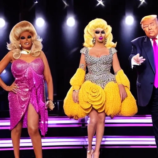 Image similar to donald trump as a guest judge on ru paul's drag race