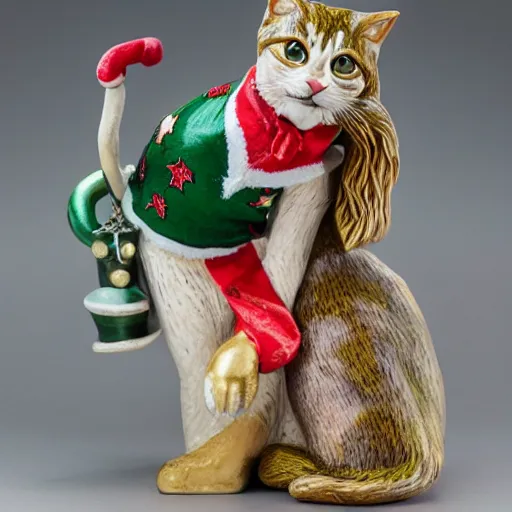 Prompt: New Margaret Le Van Alley Cats statuette, wearing festive clothing, full body render, museum quality photo