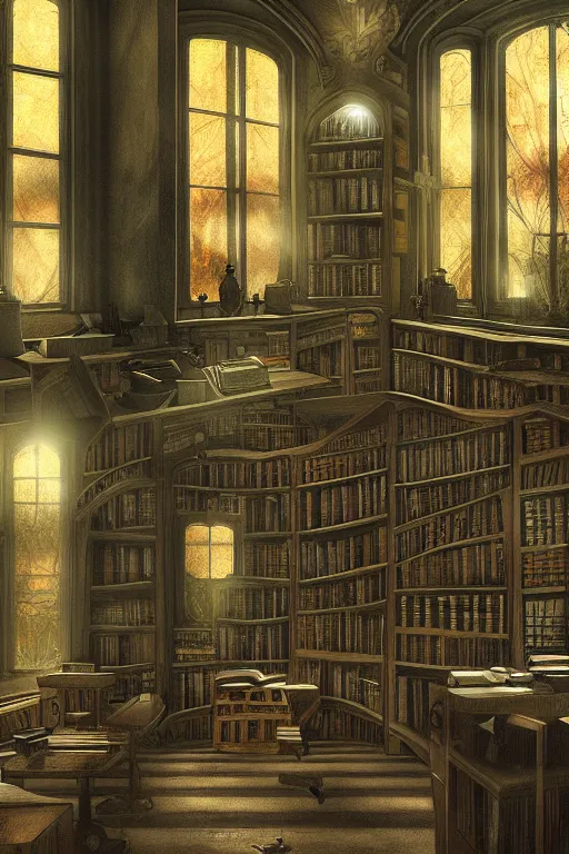 Prompt: a fantasy library interior with windows in the late evening with a moody musty atmosphere, digital painting by Oliver Beck