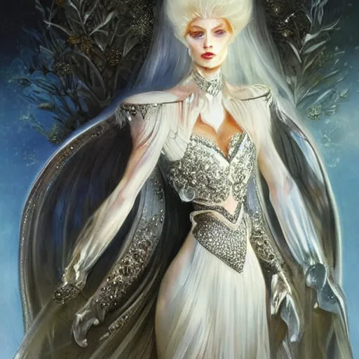 Prompt: a beautiful woman wearing a white dress made of silver with jewelry and diamonds by karol bak, ayami kojima, sakimichan, arabian blue eyes, smile, concept art, fantasy