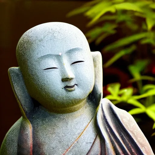 Image similar to photo of small jizo statue in a garden, high detail, cinematic, cute, beautiful lighting, 1 flower,