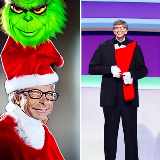 Image similar to bill gates cosplaying as the grinch, bill gates wearing a grinch costume, cosplay award winner