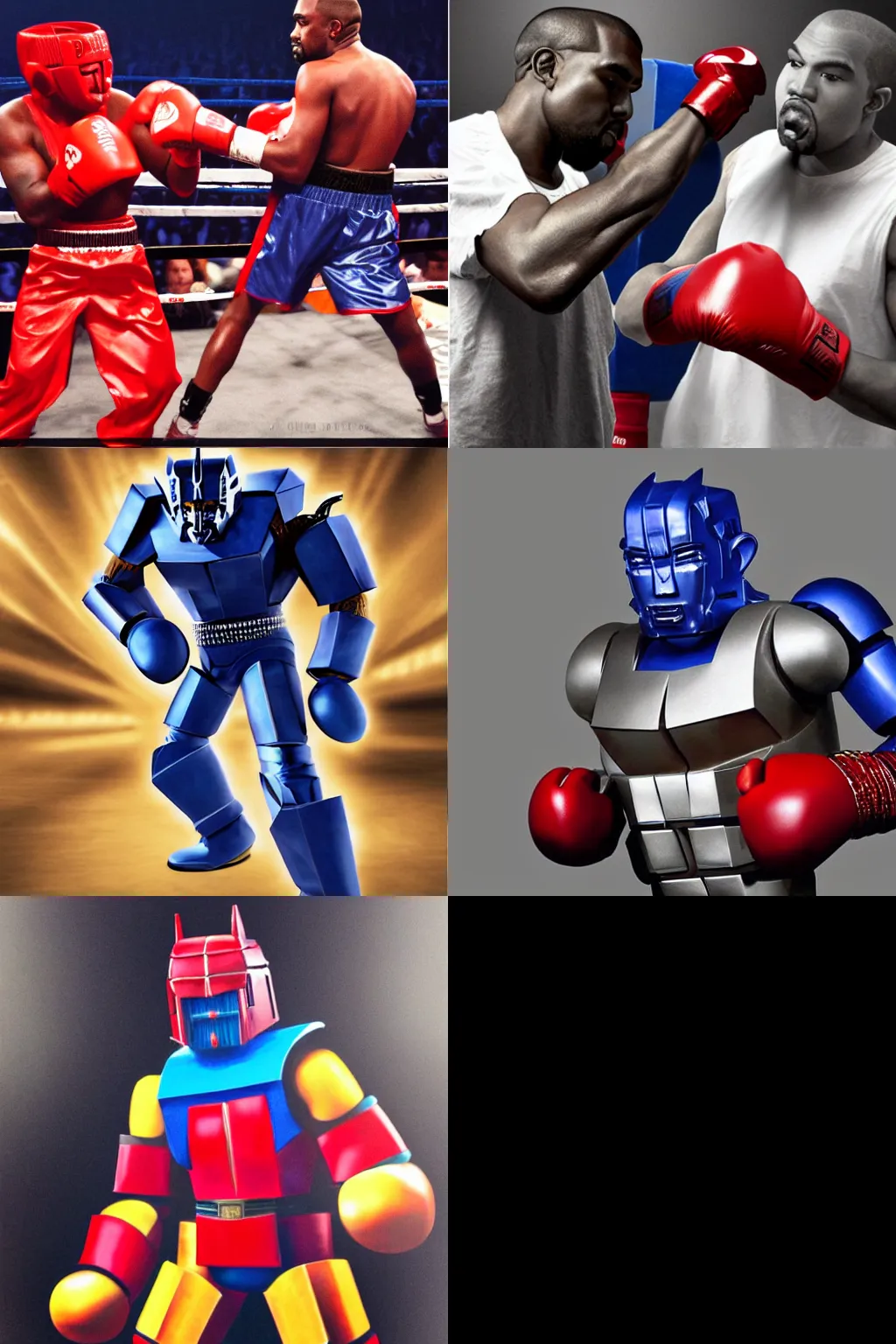 Prompt: Kanye West boxing Optimus Prime, 8k, photorealistic