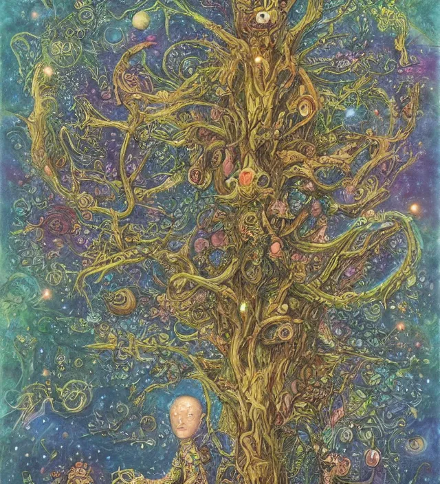 Image similar to aliens grow humans from the cosmic tree of life, whilst it absorbs all galactical and masonic energy fields, by daniel merriam, deep and rich colours,