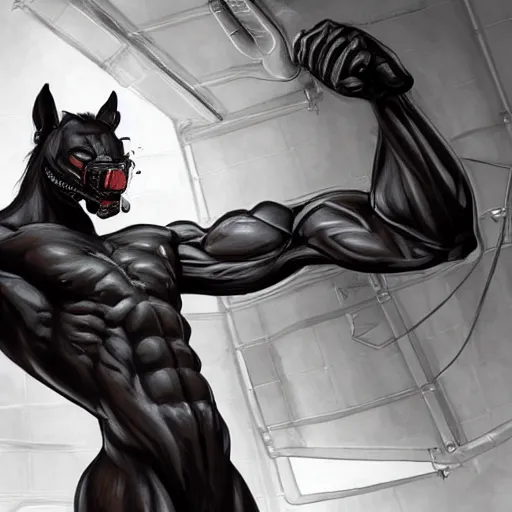 Prompt: splash art of a hyper - muscular black - coated anthropomorphic horse character in a research facility wearing a suit pumping chemicals into their muscles, long hair, exaggerated muscles, highly detailed, furry, furaffinity, digital painting, artstation, sharp focus, illustration, art by artgerm, greg rutkowski, alphonse mucha