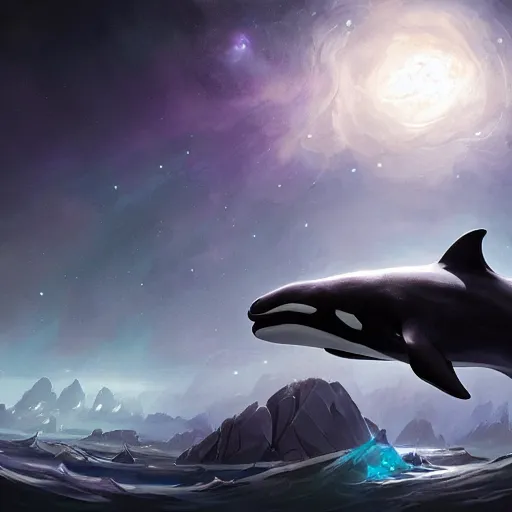 Prompt: space killer whale, epic fantasy style art, space theme, by Greg Rutkowski, hearthstone style art