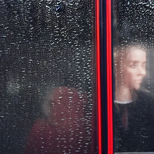 Prompt: Cinematic portrait photo of a woman looking through the window of a bus on a rainy day, long exposure