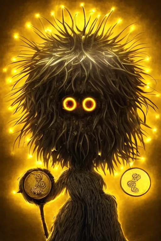 Image similar to a glowing humanoid figure dandelion monster with large glowing eyes, surrounded by golden coins, highly detailed, digital art, sharp focus, trending on art station, anime art style