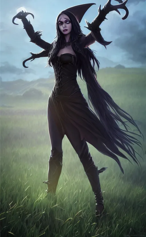 Image similar to medium shot of dark elf witch in field, sunny, highly detailed, d & d, fantasy, highly detailed, digital painting, trending on artstation, concept art, sharp focus, illustration, global illumination, ray tracing, realistic shaded, art by artgerm and greg rutkowski and fuji choko and viktoria gavrilenko and hoang lap