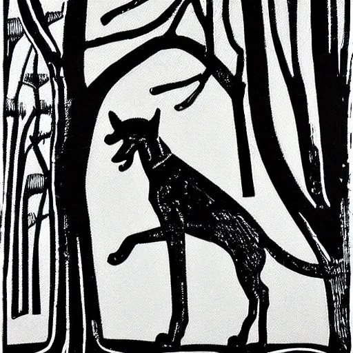 Image similar to linocut, black and white, greyhound in a forest