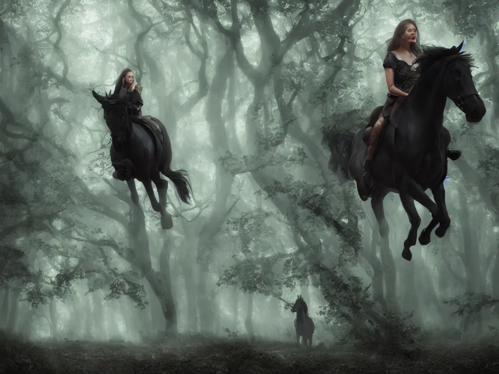 Prompt: a woman riding on a black horse through a oak and beech forrest, rays of light, cinematic, fantasy art, moody morning light, trending on artstation, by peter jackson